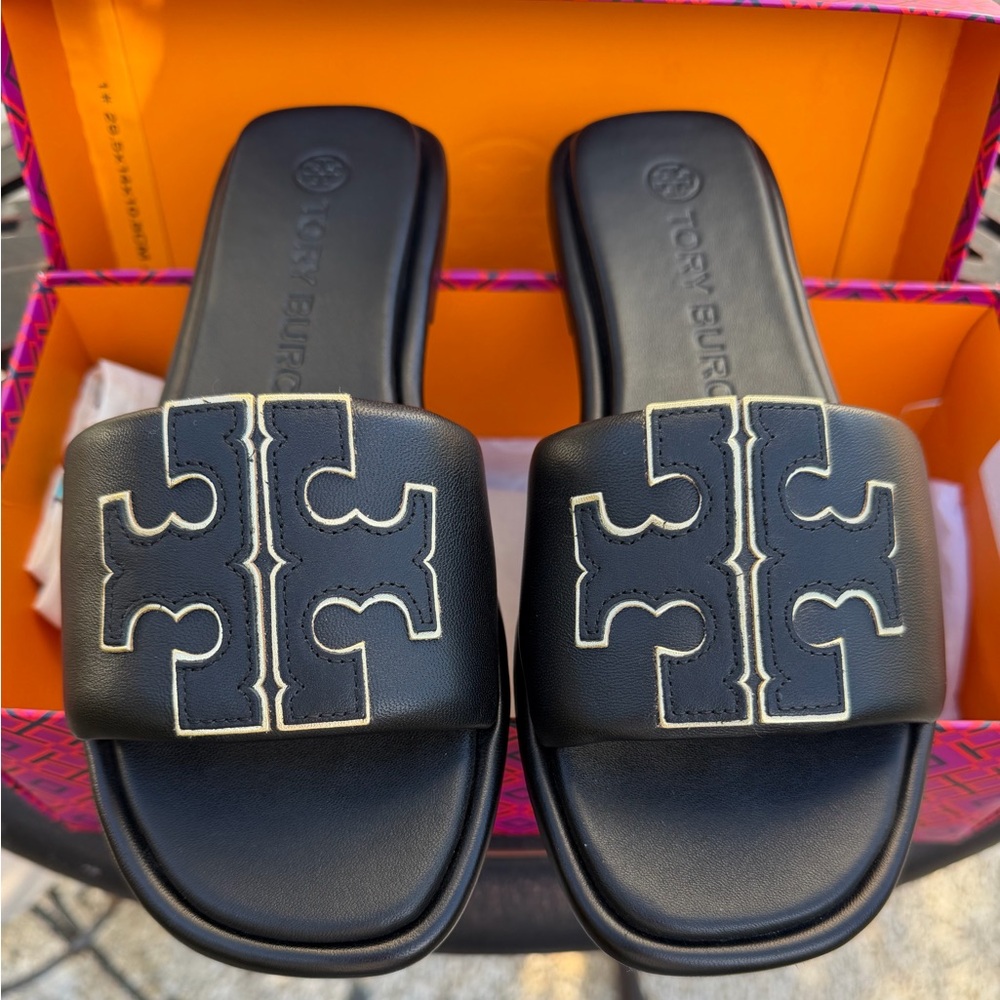 Tory Burch Black Sandals with Gold Emblem - Picture 3 of 6